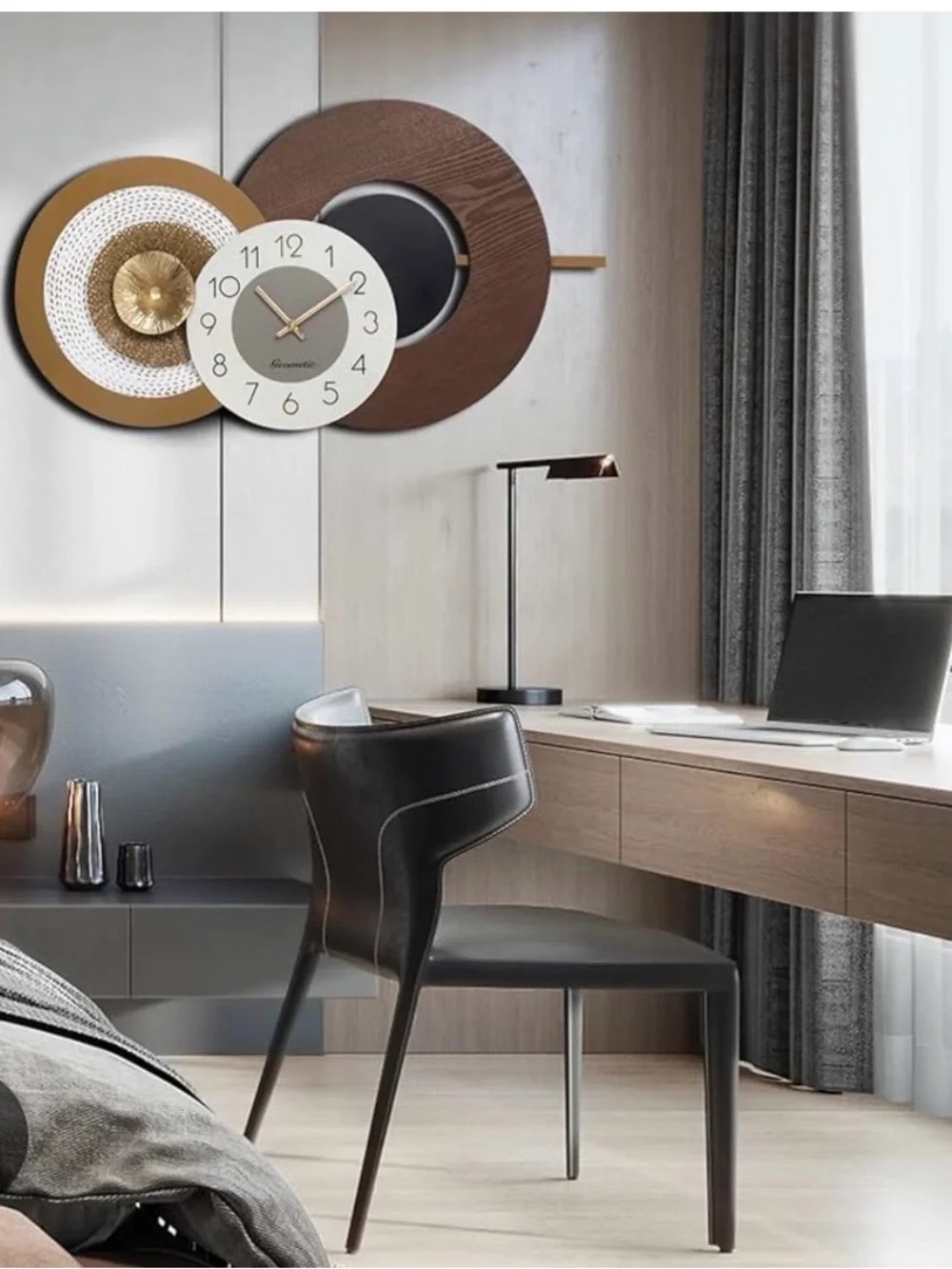 Modern Large Wall Clock Quartz Mechanism,Metal & Wood Design, Battery Operated